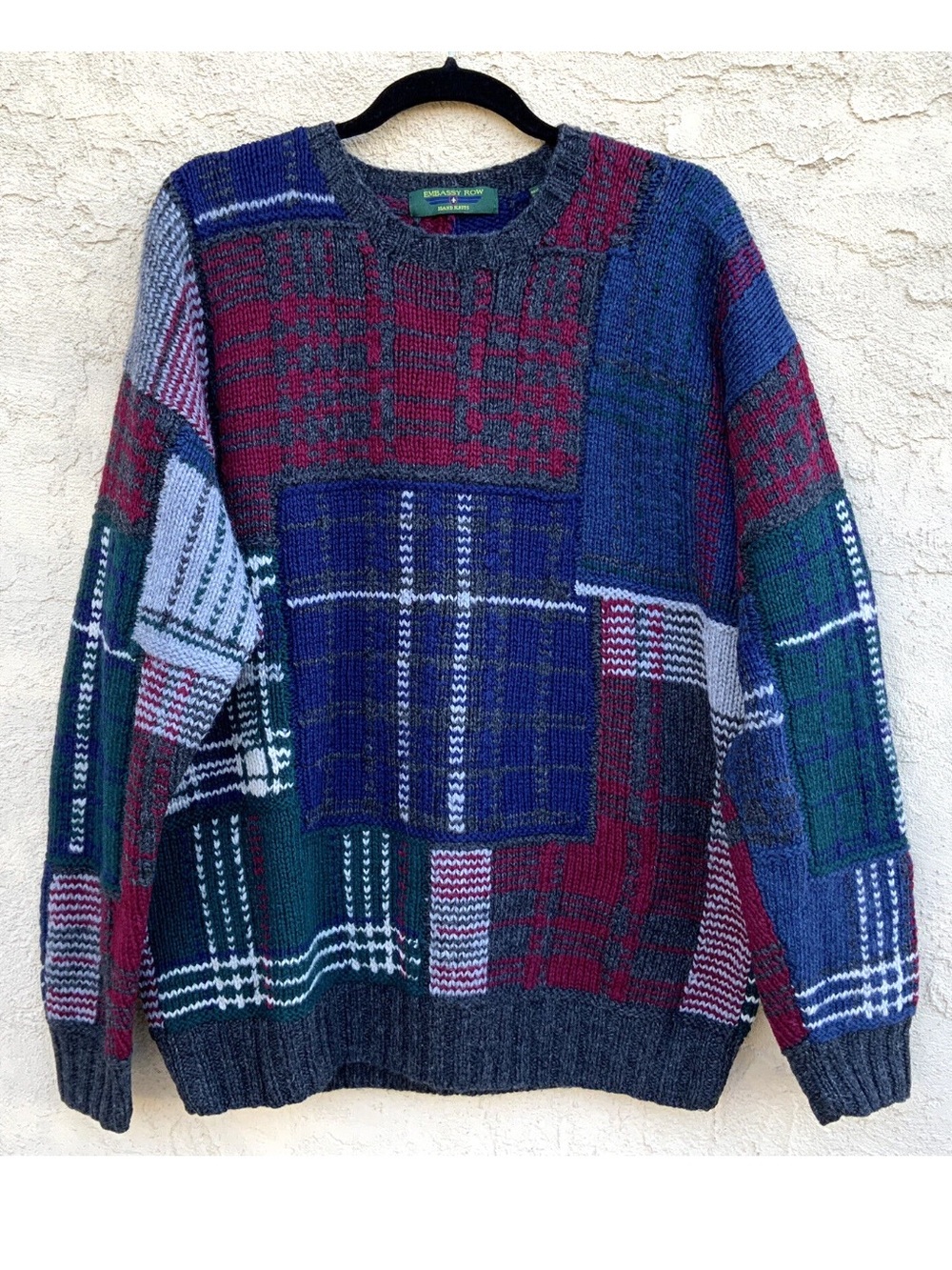Vintage Embassy Row 100% Wool Hand Knit Patchwork Style Sweater Men’s Size L